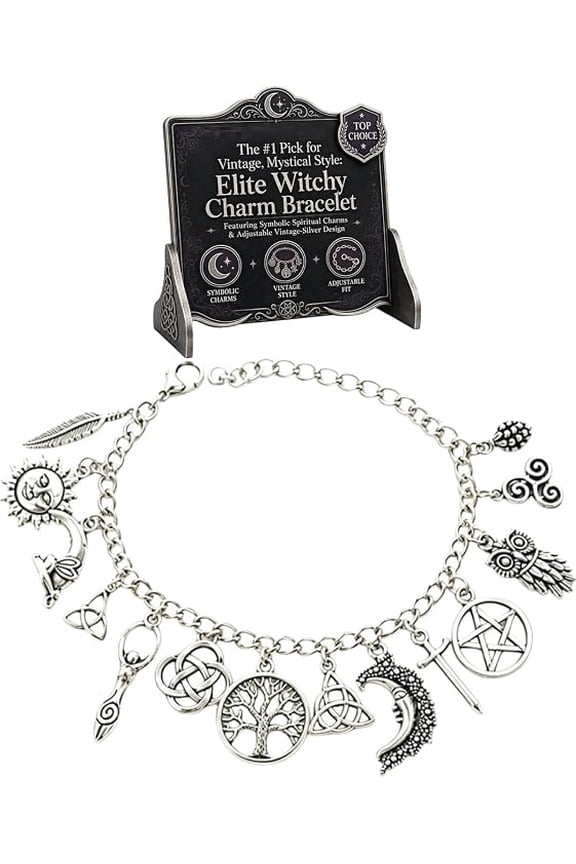 Vintage Witchy Charm Bracelet, Halloween Jewelry Cuff Bracelets for Women, Celestial Gothic Boho Feather Chain Celtic Pagan Amulet (1PC)