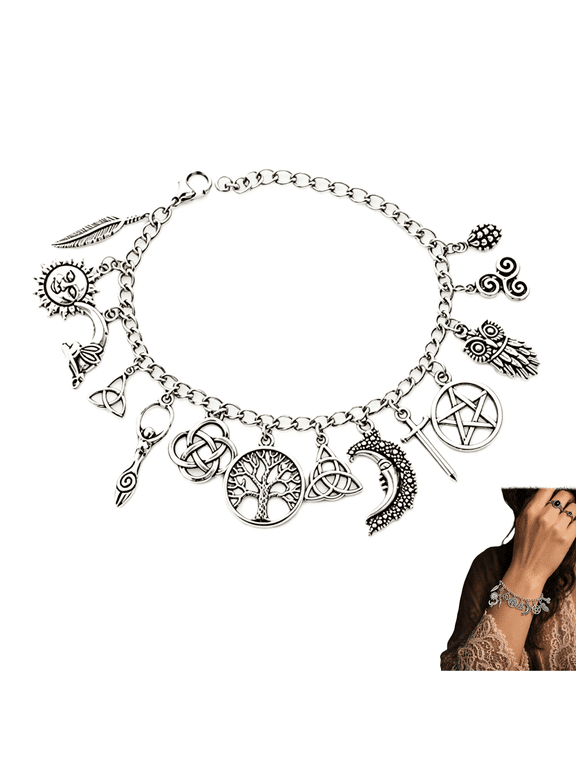 Vintage Witchy Charm Bracelet Halloween Jewelry Cuff Bracelets for Women Celestial Gothic Boho Feather Chain Celtic(RL)
