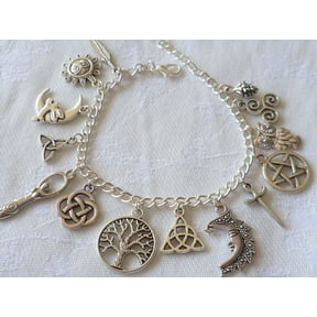Vintage Witchy Charm Bracelet Halloween Jewelry for Women, Celestial Gothic Boho Feather Chain with Adjustable Cuff for Wiccans Pagans
