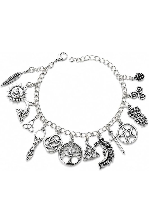 Vintage Witchy Charm Bracelet, Lucky Bracelet with Celestial and Gothic Elements, Boho Meets Dark Glam, Adjustable Witchy Pagan Jewelry, Great Gift for the Free-Spirited Woman(1)