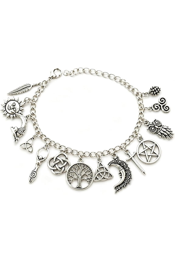 Vintage Witchy Charm Bracelet for Women, Celtic Tree of Life  Pentacle Moon Sun Owl Feather Multi Charms Chain Bracelet, Wiccan Pagan Spiritual Amulet Jewelry Gothic Witch Gift