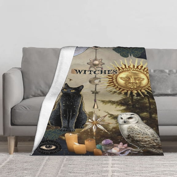Vintage Witchy Collage Black Cat Owl Sun Moon All Seeing Eye Candle Flannel Throw Blanket, Reversible Sherpa Fleece Celestial Mystical Occult Decor Blanket for Sofa Bed, Spiritual Wiccan Cozy Gift