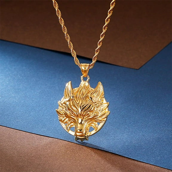 Vintage Wizard Wolf Pendant Men 14K Yellow Gold Necklace Animal Fashion Game Cosplay Jewelry Halloween Retro Jewelry Gifts