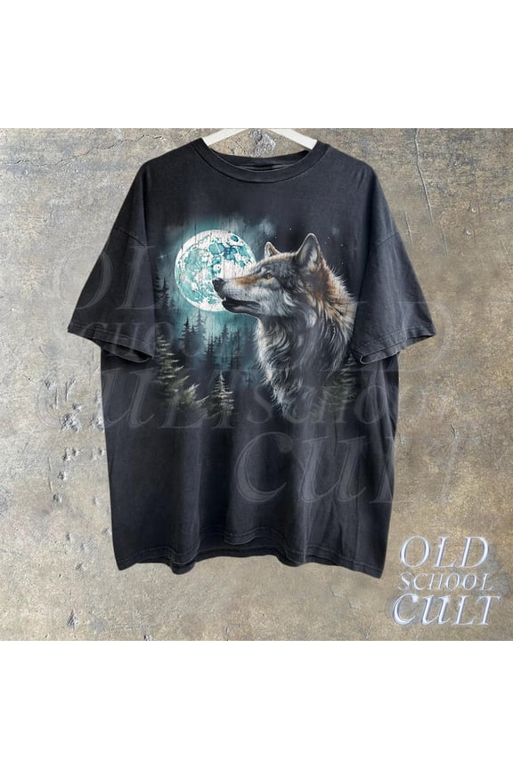 Vintage Wolf 90s Graphic Shirt, Wolf Lovers Retro Tee, 2000s Nature Moon Shirt, Nostalgia Unisex Tee, Cute Wolf Gift, Black Shirt