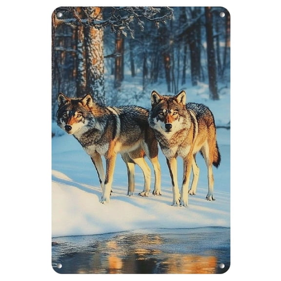 Vintage Wolf Duo in Snowy Landscape Metal Tin Sign - Rustic Wall Art for Kitchen, Bar, Garage | 8x12 Inches, Wolf Decor