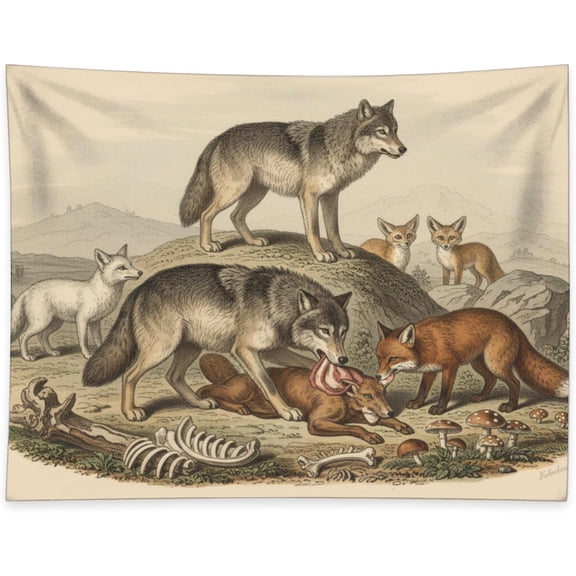 Vintage Wolf & Foxes Scientific Hanging Tapestry Wall Art Predator Wildlife Wall Hanging Nature & Biology Inspired Home Decor Boho Aesthetic Tapestry for Bedroom Dorm Living Room Decor 40 x 30 Inch