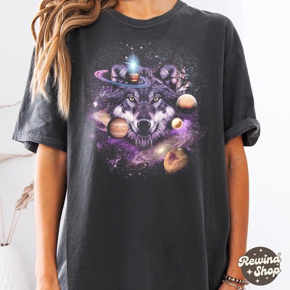 Vintage Wolf Galaxy Graphic Tee, Grunge Space Wolf Faded Shirt, Wild Nature Planets Y2K Gothic BLACK Unisex S-5XL Hot Trending Shirt, Vintage Birthday Gift
