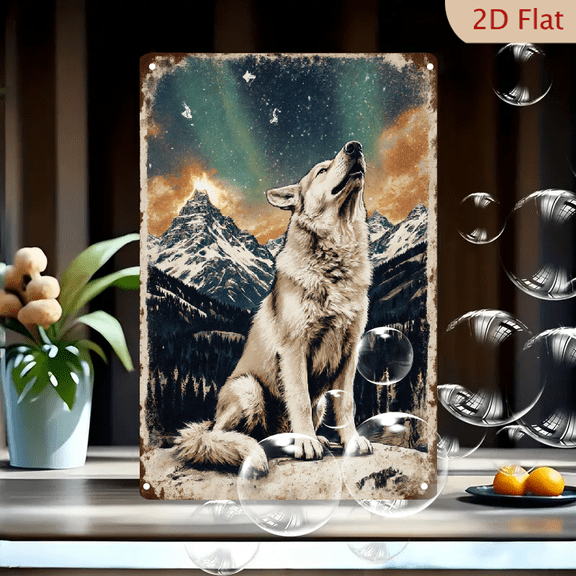 Vintage Wolf Howling at Aurora Borealis 8x12in Metal Wall Art, Rustic Nature Scene with Snowy Mountains and Forest, Distressed Border Aesthetic for Home Decor