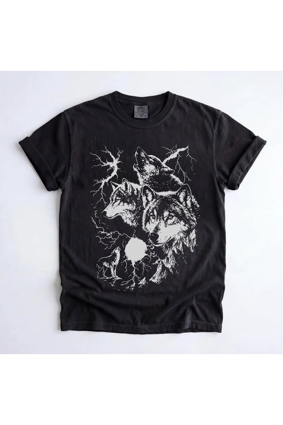 Vintage Wolf Lightning Howling at the Full Moon Graphic T-Shirt, Retro 90s Galaxy Nature Wolf Tee, Wildlife Lover Gift