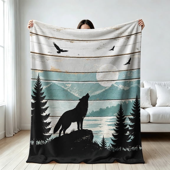 Vintage Wolf Mountain blanket for nature lovers, Soft Flannel Throw Blanket, gift for Birthday, Christmas, Holiday, Anniversary, Outdoor Enthusiasts, All Season Use
