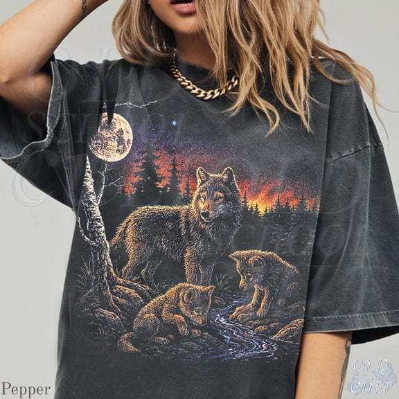 Vintage Wolf Pack T-Shirt, Retro Wildlife Graphic Tee, Moon Forest Wolf Top, Rustic Outdoor Gift BLACK Unisex S-5XL Hot Trending Shirt, Vintage Birthday Gift