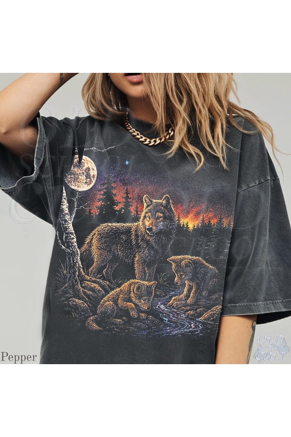 Vintage Wolf Pack T-Shirt, Retro Wildlife Graphic Tee, Moon Forest Wolf Top, Rustic Outdoor Gift BLACK Unisex S-5XL Hot Trending Shirt, Vintage Birthday Gift