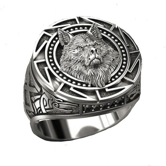 Vintage Wolf Totem Thai Silver Ring Mythical Viking Wolf Head Warrior Men's Ring G0K4
