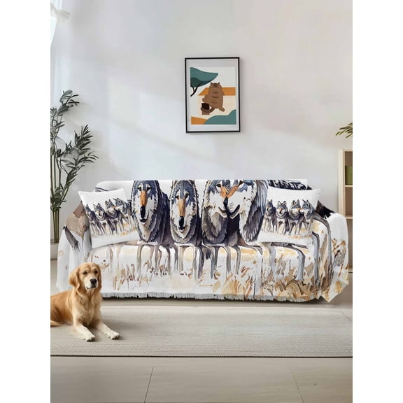 Vintage Wolves Couch Cover, Vintage Chic Watercolor Animals Oversized Sofa Cover Blanket for 3 Cushion Couch,Sectional Sofa Slipcover Furniture Protector for Living Room Bedroom 71''x150''