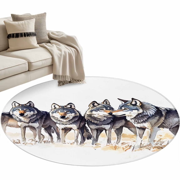 Vintage Wolves Large Area Rugs for Bedroom Living Room, Soft Non Slip Carpet Bedside Rug, Vintage Chic Watercolor Animals Round Floor Cover Kitchen Accent Rug 4' for Dining Room/Office