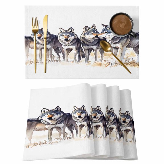 Vintage Wolves Placemats Set of 2, Cotton Linen Fabric Place Mats, Vintage Chic Watercolor Animals Washable Decorative Table Mats Protector for Home Kitchen Dining Wedding Party Coffee Tables