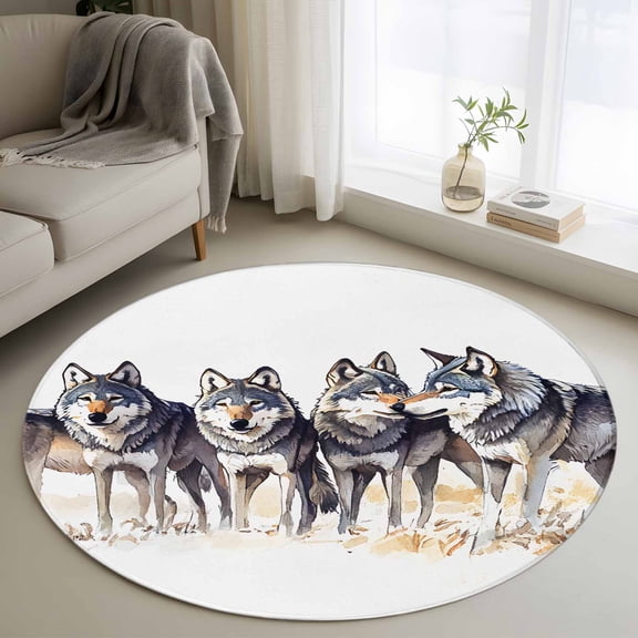 Vintage Wolves Round Area Rug 3.3 FT, Non Slip Small Entryway Kitchen Mat, Vintage Chic Watercolor Animals Washable Soft Circular Rug Non-Shedding Door Mat for Bathroom Playroom Kids Room