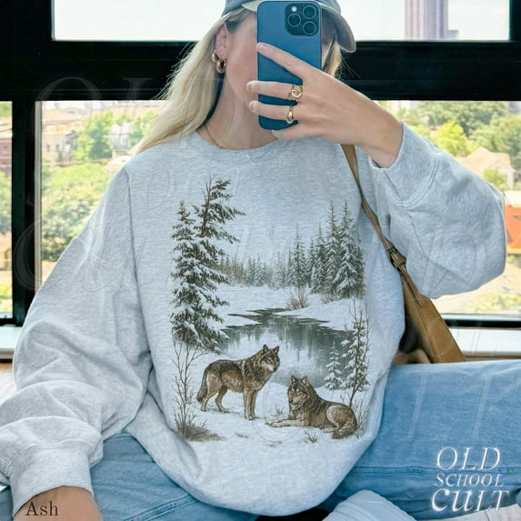 Vintage Wolves in Winter Forest Sweatshirt | Scenic Wildlife Graphic Pullover