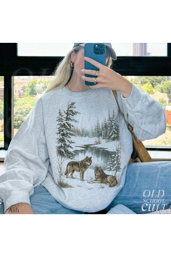 Vintage Wolves in Winter Forest Sweatshirt | Scenic Wildlife Graphic Pullover
