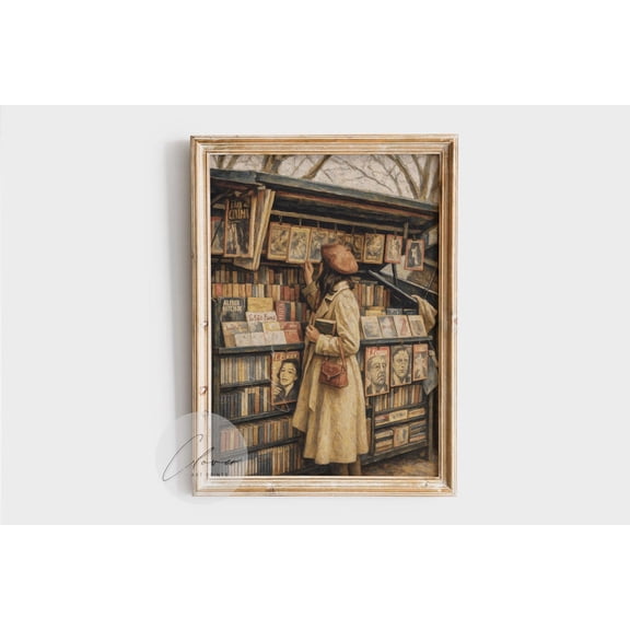 Vintage Woman In Bookshop Print, Retro Record Store Wall Art, Nostalgic Library Decor, Vintage Reading Wall Hanging, Cozy Winter Decor Home Decor #208, Unframed Poster Size 8x12
