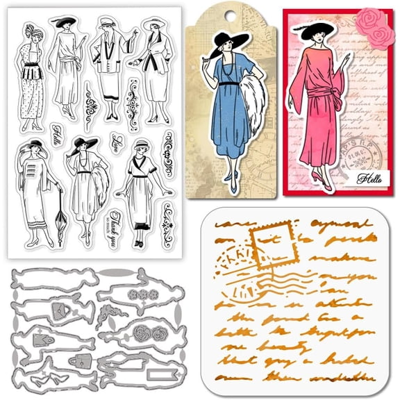 Vintage Woman Clear Stamps Cutting Dies PET Painting Stencils for Card Making Vintage Lady Background Silicone Stamp Metal Tags Die Cuts PET Paint Stencils for DIY Scrapbooking