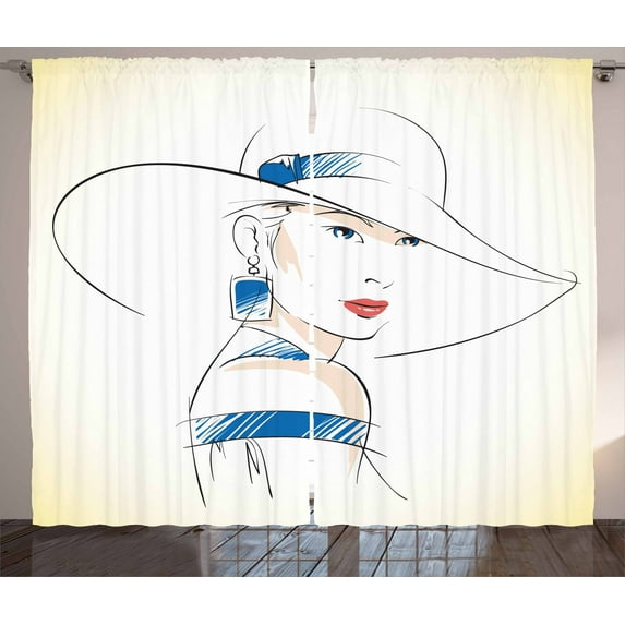Ambesonne Vintage Woman Curtains 2 Panel Set, Fashion Sketch, 108" x 96", Ivory Blue Coral