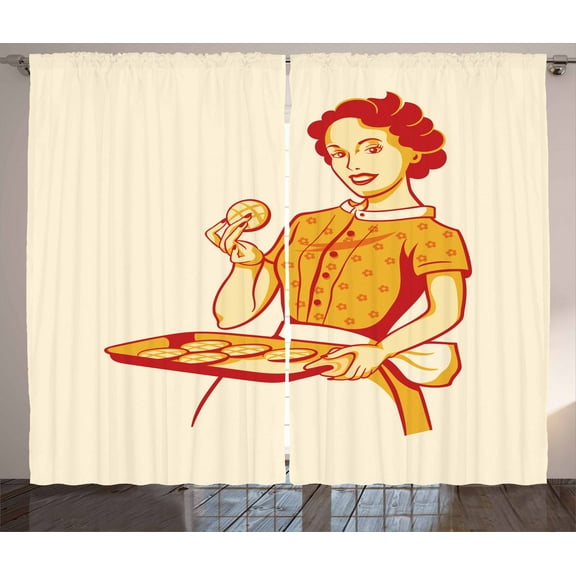Vintage Woman Curtains 2 Panels Set, Married Retro Housewife Serving and Eating Freshly Baked Cookies, Window Drapes for Living Room Bedroom, 108W X 84L Inches, Orange Vermilion Beige, by Ambesonne