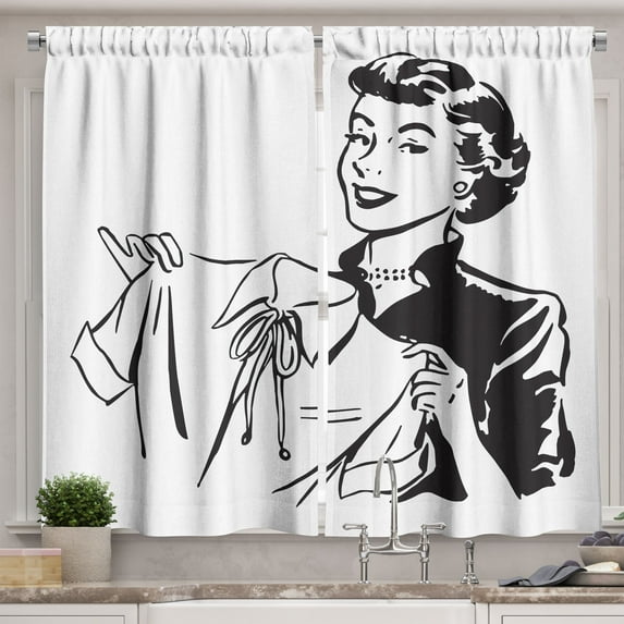 Vintage Woman Curtains 2 Panels Set, Retro Female Lady Holding an Old Fashion Blouse Doing Laundry Image, Window Drapes for Living Room Bedroom, 55W X 39L Inches, Black and White, by Ambesonne