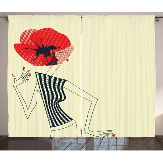 Ambesonne Vintage Woman Curtains 2 Panel Set, Doodle Girl Poppy, 108" x 90", Vermilion Dark Blue
