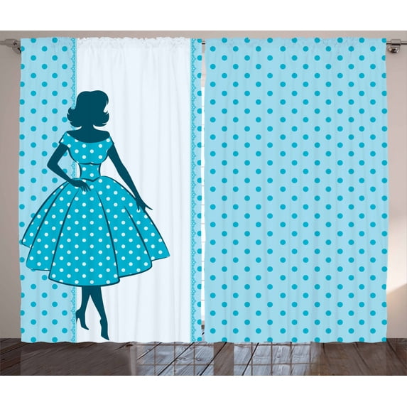 Ambesonne Vintage Woman Curtains 2 Panel Set, Polka Dot Dress, 108" x 90", Pale Blue Teal White