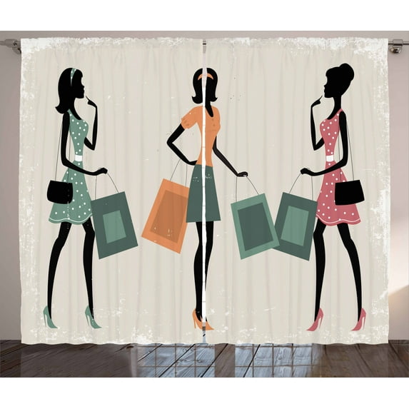 Vintage Woman Curtains 2 Panels Set, Silhouettes of Women Shopping and Carrying Bags on Retro Grungy Background, Window Drapes for Living Room Bedroom, 108W X 90L Inches, Multicolor, by Ambesonne