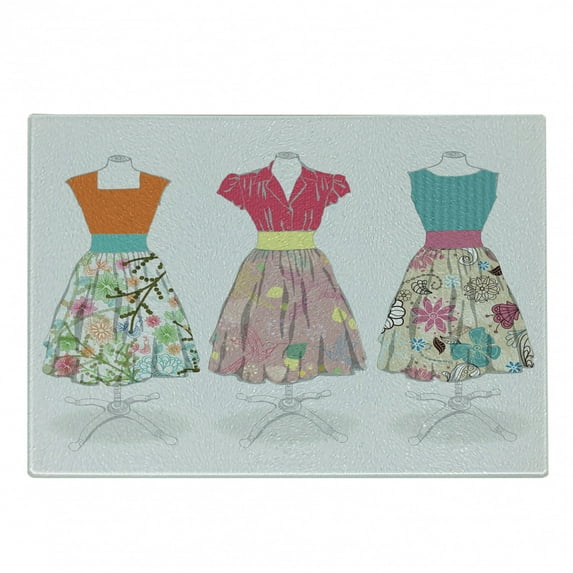 Vintage Woman Cutting Board, Vintage 1950's Style Summer Fashion Women Dresses Exhibited on Mannequins, Decorative Tempered Glass Cutting and Serving Board, in 3 Sizes, by Ambesonne