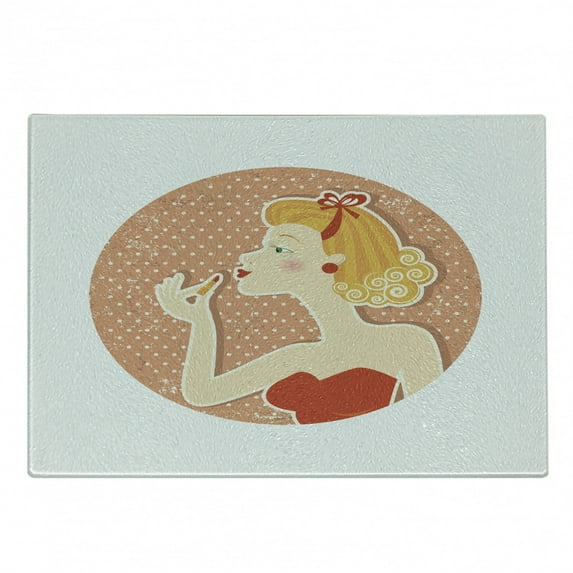Vintage Woman Cutting Board, Pin up Style Female Image Wearing Lipstick on Weathered Polka Dot Backdrop, Decorative Tempered Glass Cutting and Serving Board, in 3 Sizes, by Ambesonne