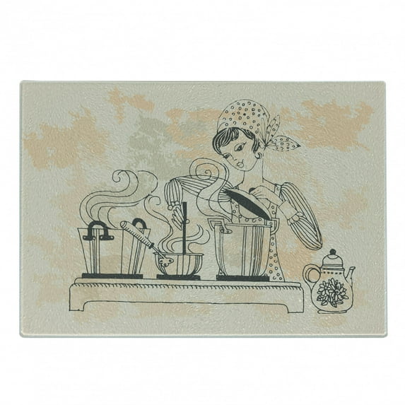 Vintage Woman Cutting Board, Retro Style Housewife Cooking and Tasting Meal at the Kitchen Composition, Decorative Tempered Glass Cutting and Serving Board, in 3 Sizes, by Ambesonne
