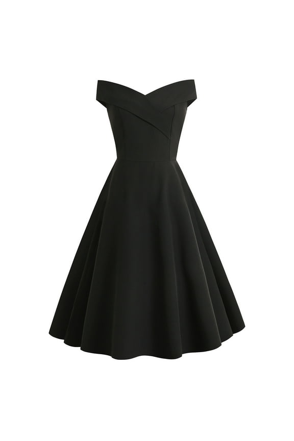 Vintage Woman Dress Vintage V-Neck Off-Shoulder Sleeveless Dress with Pleated Skirt In Solid Color