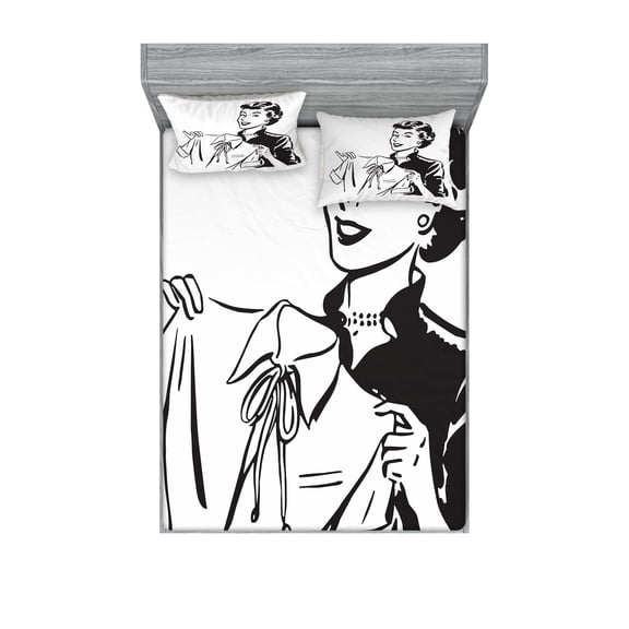 Vintage Woman Fitted Sheet & Pillow Sham Set, Retro Female Lady Holding an Old Fashion Blouse Doing Laundry Image, Decorative Printed 6 Piece Bedding Decor Set, King, Black and White, by Ambesonne