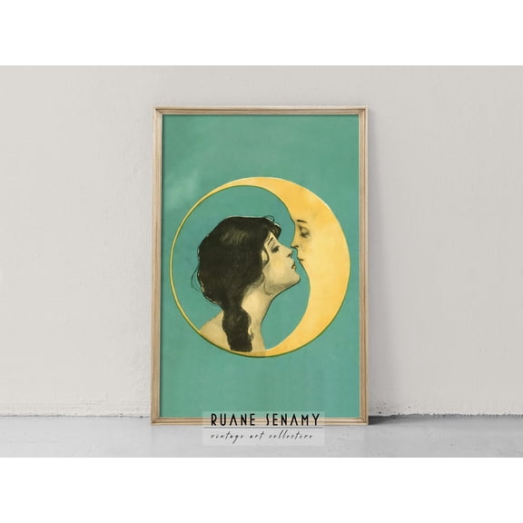 Vintage Woman Kissing Moon Print, Unframed Paper Poster 24x36in