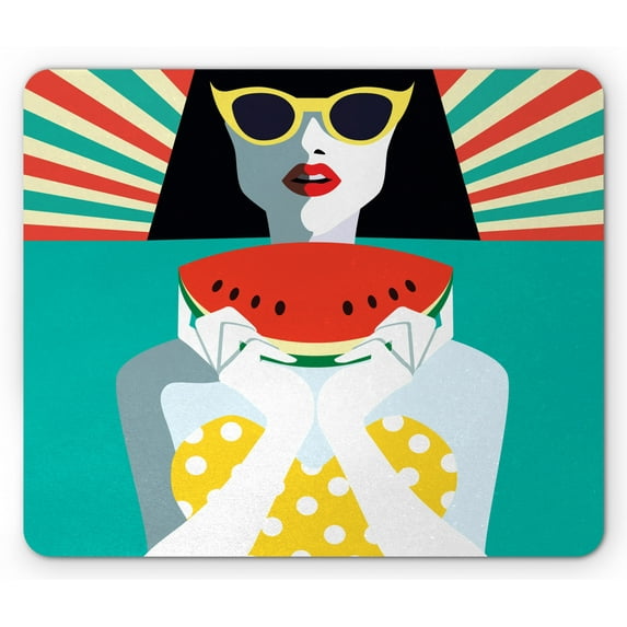 Vintage Woman Mouse Pad, Pop Art Girl on Summer Holiday Wearing Polka Dot Bikini and Eating Watermelon, Rectangle Non-Slip Rubber Mousepad, Multicolor, by Ambesonne