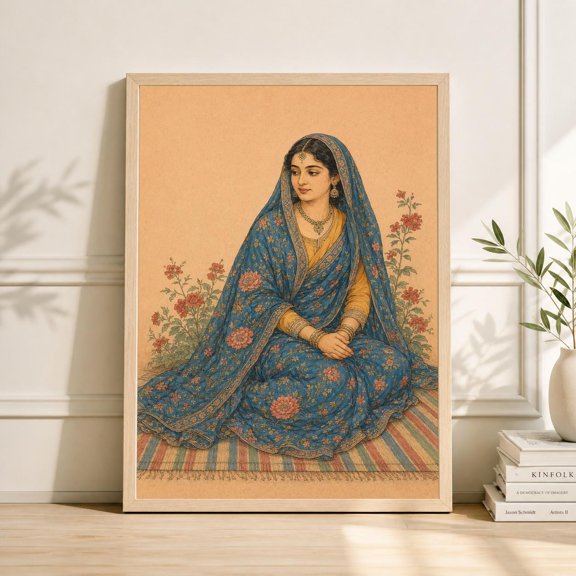 Vintage Woman Portrait With Floral Saree And Boho Wall Art Botanical Wall Art Poster , Poster Print Only