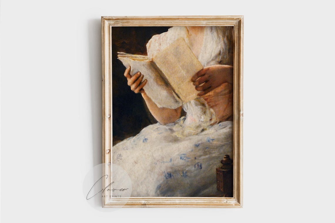 Vintage Woman Reading Book Art Print, Romantic Literary Wall Decor ...