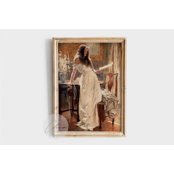 Vintage Woman Reading Letter Print, Feminine Literary Wall Art, Soft Romantic, For Gallery Art Wall Home Decor #1, Stretched Canvas Size 16x24