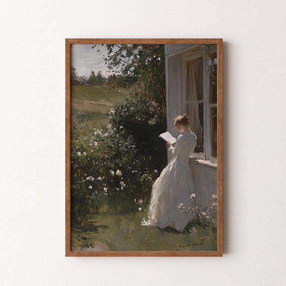 Vintage Woman Reading Spring Garden Scene Book Art, Unframed Poster