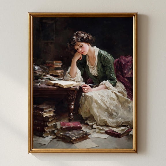 Vintage Woman Reading Wall Art, Elegant Lady With Books, Romantic Academic Artwork, Antique Style Library Decor Home Decor #800, Unframed Poster Size 24x36