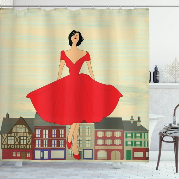 Vintage Woman Shower Curtain, 1950's Style Girl in Red Dress in Front of a Traditional Street Background, Fabric Bathroom Set with Hooks, 69W X 75L Inches Long, Multicolor, by Ambesonne