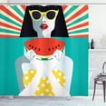 thumbnail image 1 of Vintage Woman Shower Curtain, Pop Art Girl on Summer Holiday Wearing Polka Dot Bikini and Eating Watermelon, Fabric Bathroom Set with Hooks, 69W X 84L Inches Extra Long, Multicolor, by Ambesonne, 1 of 3