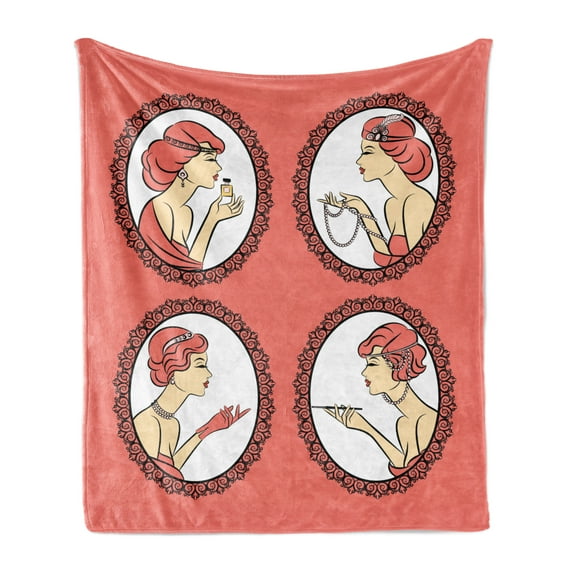 Vintage Woman Soft Flannel Fleece Blanket, Vintage Fashion Girl Portraits with Makeup Perfume and Cigarette, Cozy Plush for Indoor and Outdoor Use, 50" x 60", White Black and Coral, by Ambesonne