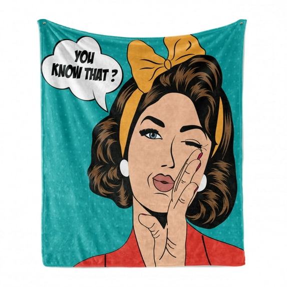 Vintage Woman Soft Flannel Fleece Blanket, Pop Art Comic Style Retro Woman Whispering and Winking Her Eye Illustration, Cozy Plush for Indoor and Outdoor Use, 70" x 90", Multicolor, by Ambesonne