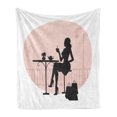 thumbnail image 1 of Vintage Woman Soft Flannel Fleece Blanket, Silhouette of a Woman Drinking Tea at a Cafe After Shopping Theme, Cozy Plush for Indoor and Outdoor Use, 70" x 90", Pale Peach Black White, by Ambesonne, 1 of 6