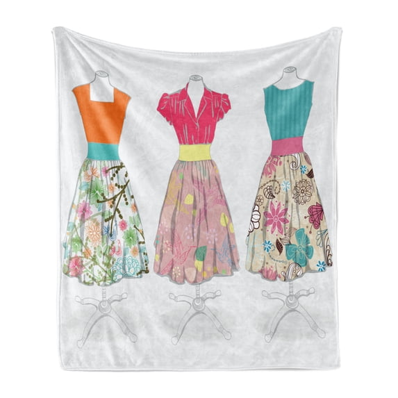 Vintage Woman Soft Flannel Fleece Throw Blanket, Vintage 1950's Style Summer Fashion Women Dresses Exhibited on Mannequins, Cozy Plush for Indoor and Outdoor Use, 50" x 60", Multicolor, by Ambesonne