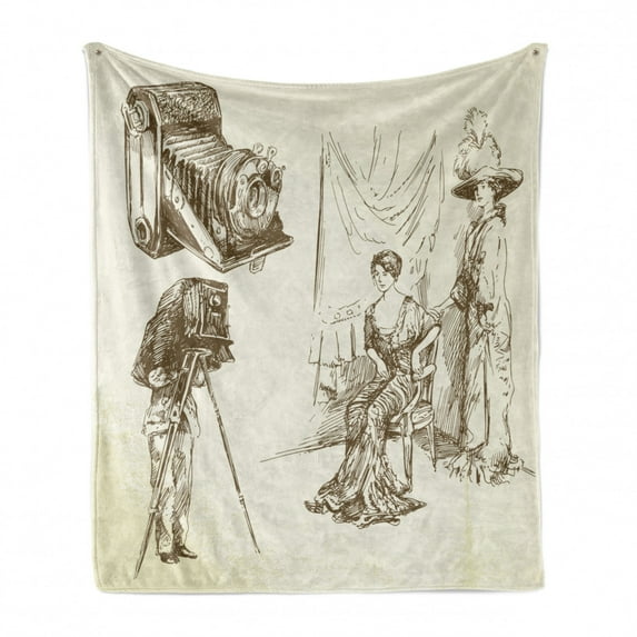 Vintage Woman Soft Flannel Fleece Throw Blanket, 2 Women Posing in Front of a Nostalgic Camera for Taking Photographs, Cozy Plush for Indoor and Outdoor Use, 50" x 70", Beige and Sepia, by Ambesonne